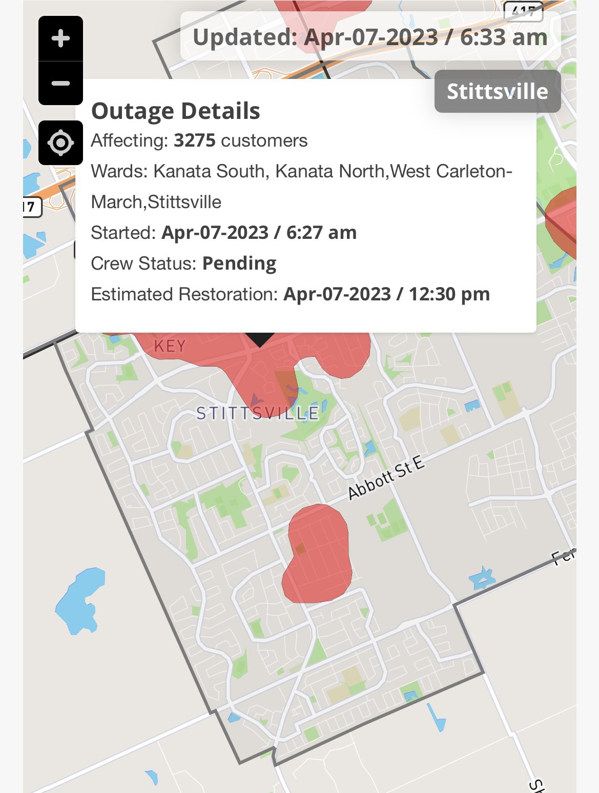 Hydro Outage map, April 7 at 6.45am