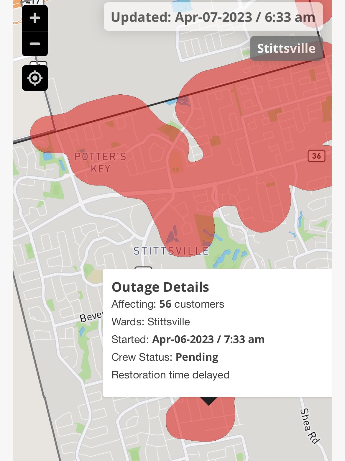 Hydro Outage map, April 7 at 6.45am