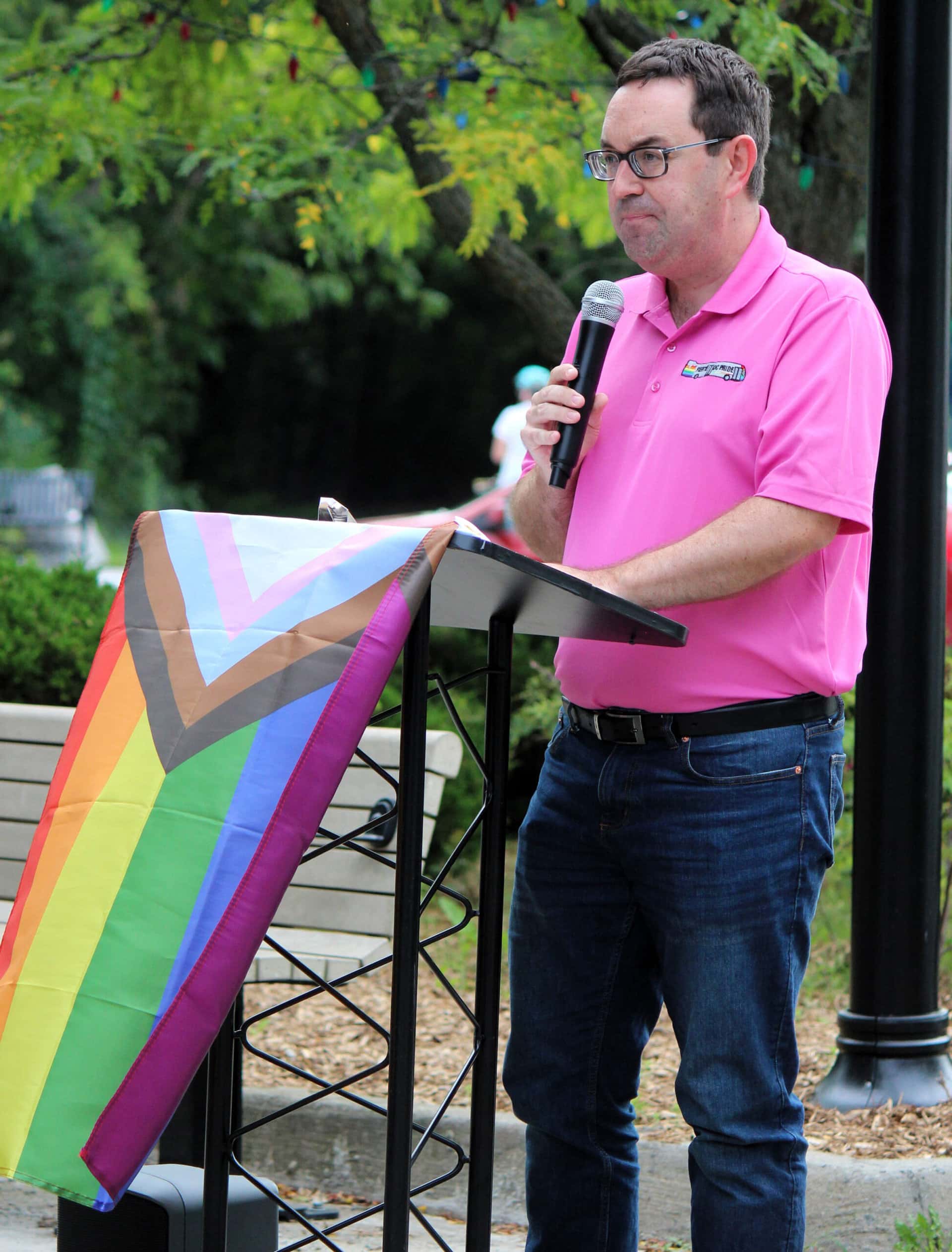 Councillor Glen speaks at the Pride Week Flag Raising Ceremony on August 21, 2023