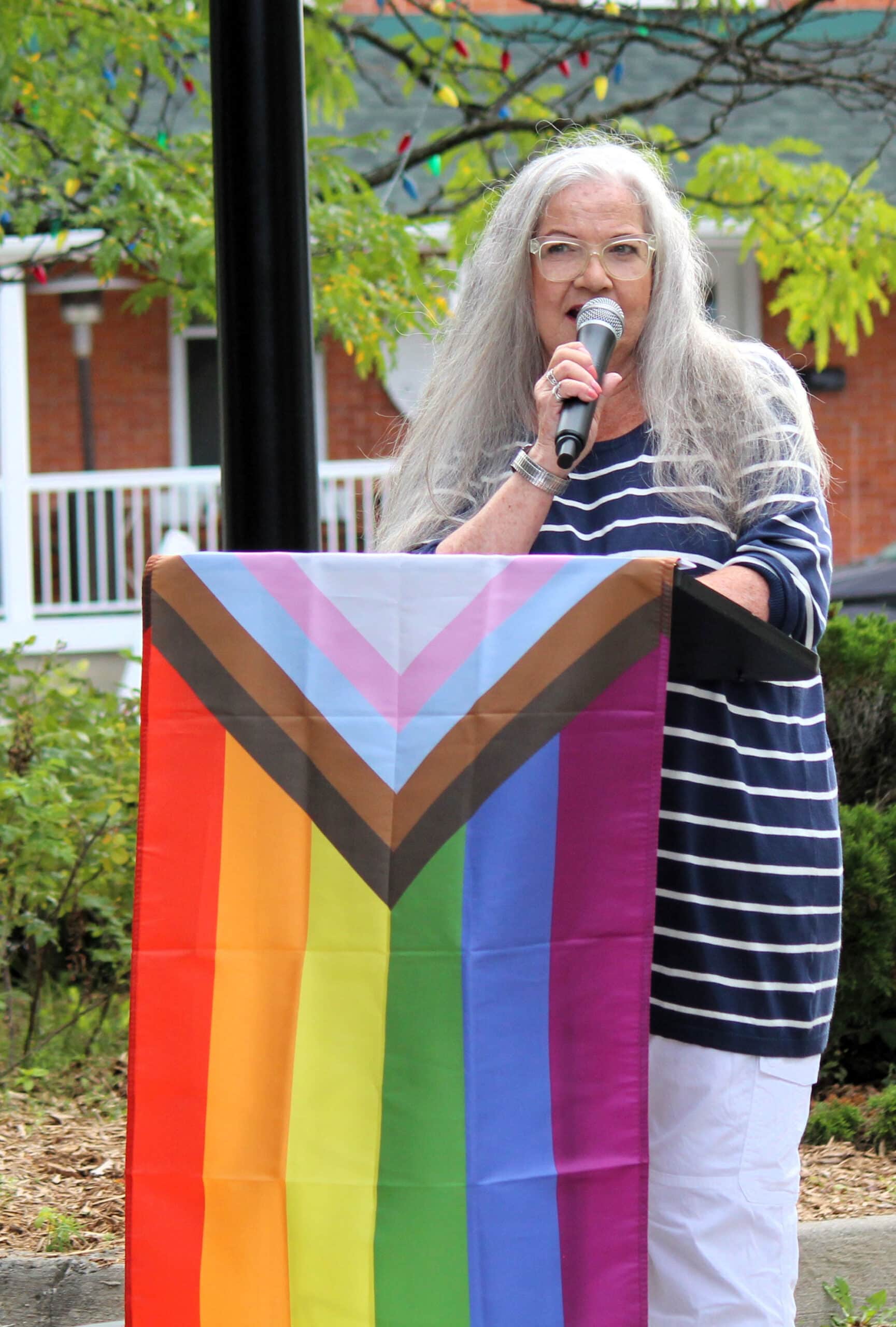 Marion Steele speaks at the Pride Week Flag Raising Ceremony on August 21, 2023