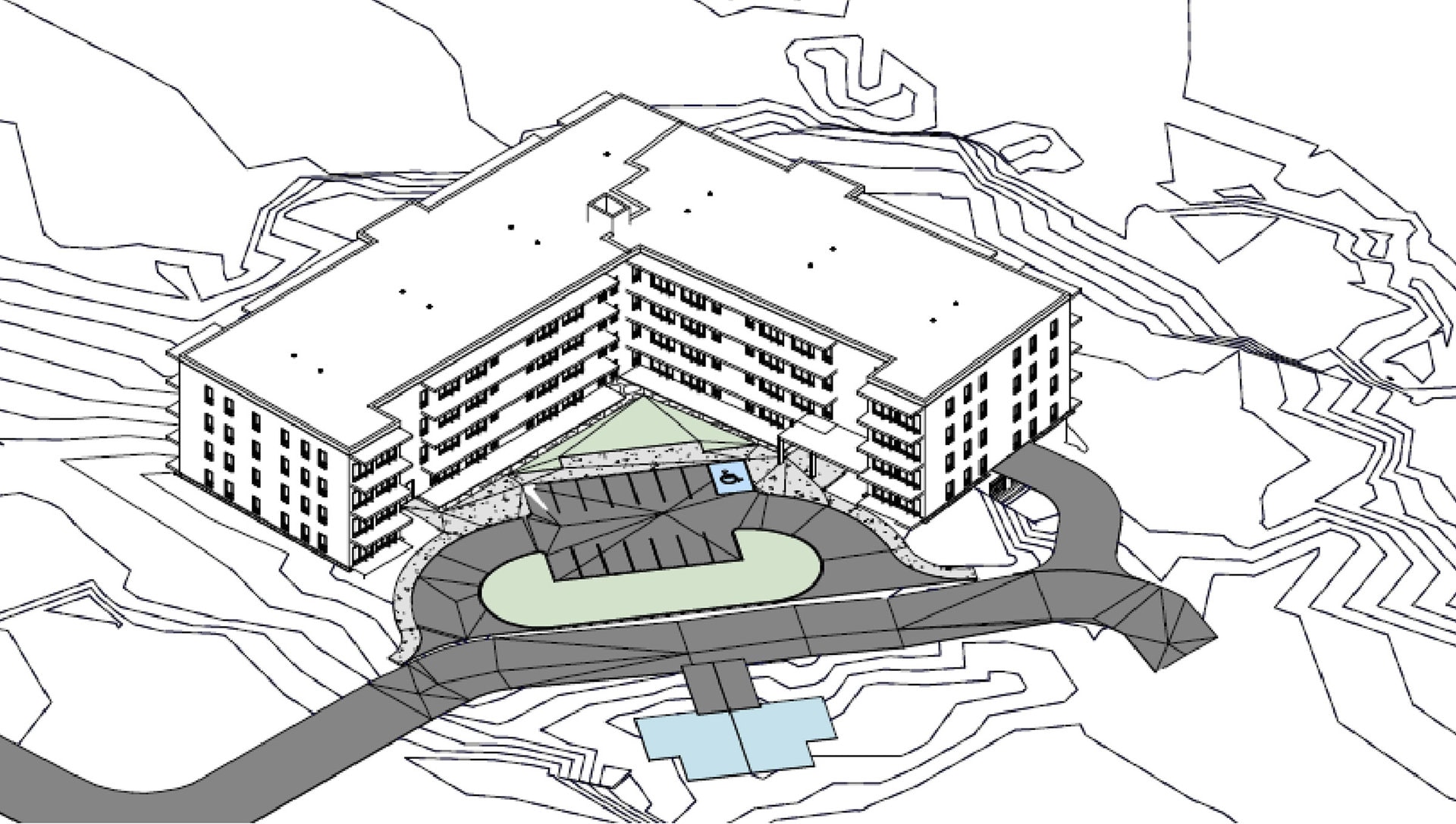 The proposed four-storey low-rise apartment building, with the proposed semi-detached footprints shown in blue