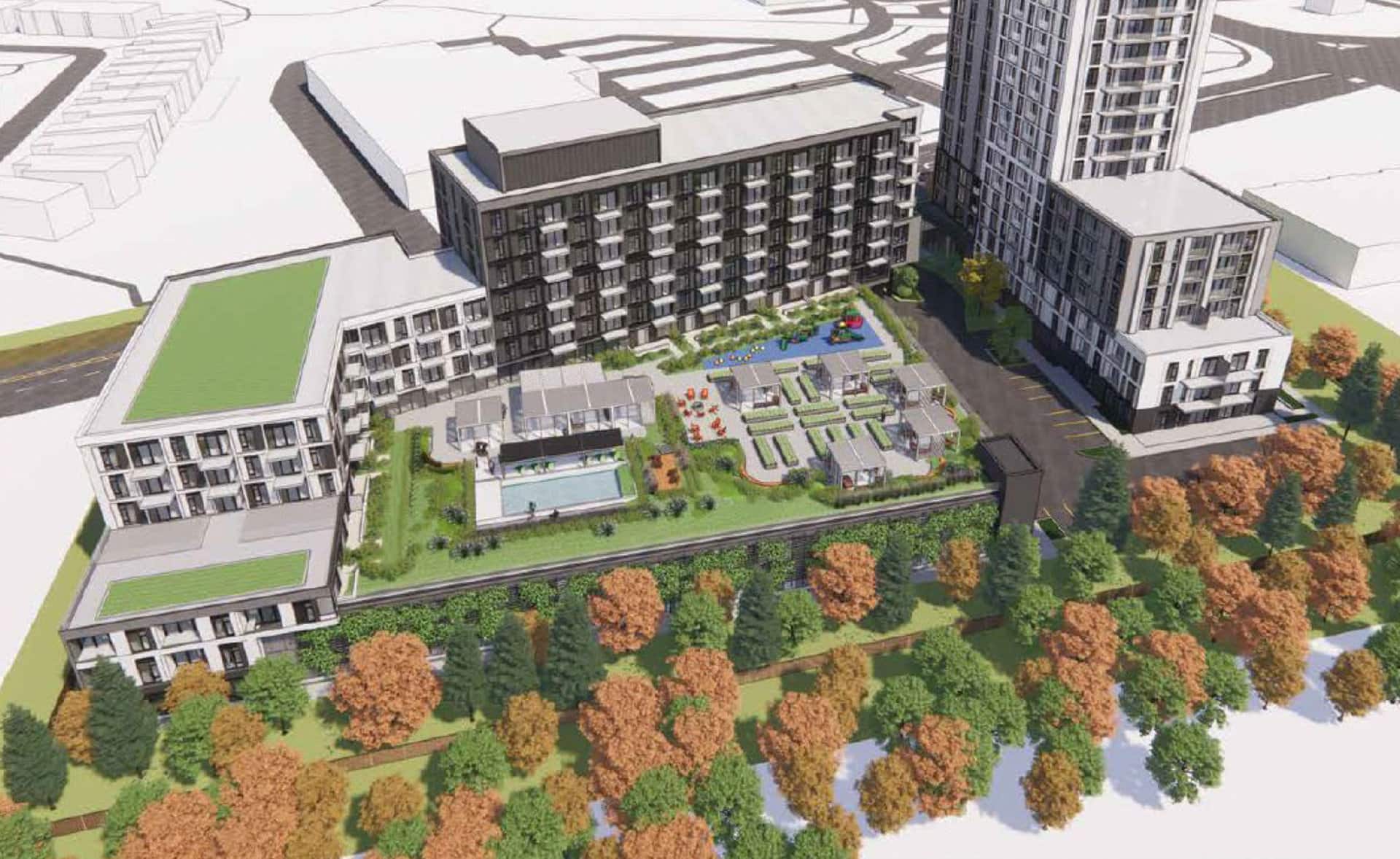 Birds-eye view of proposed development, looking north