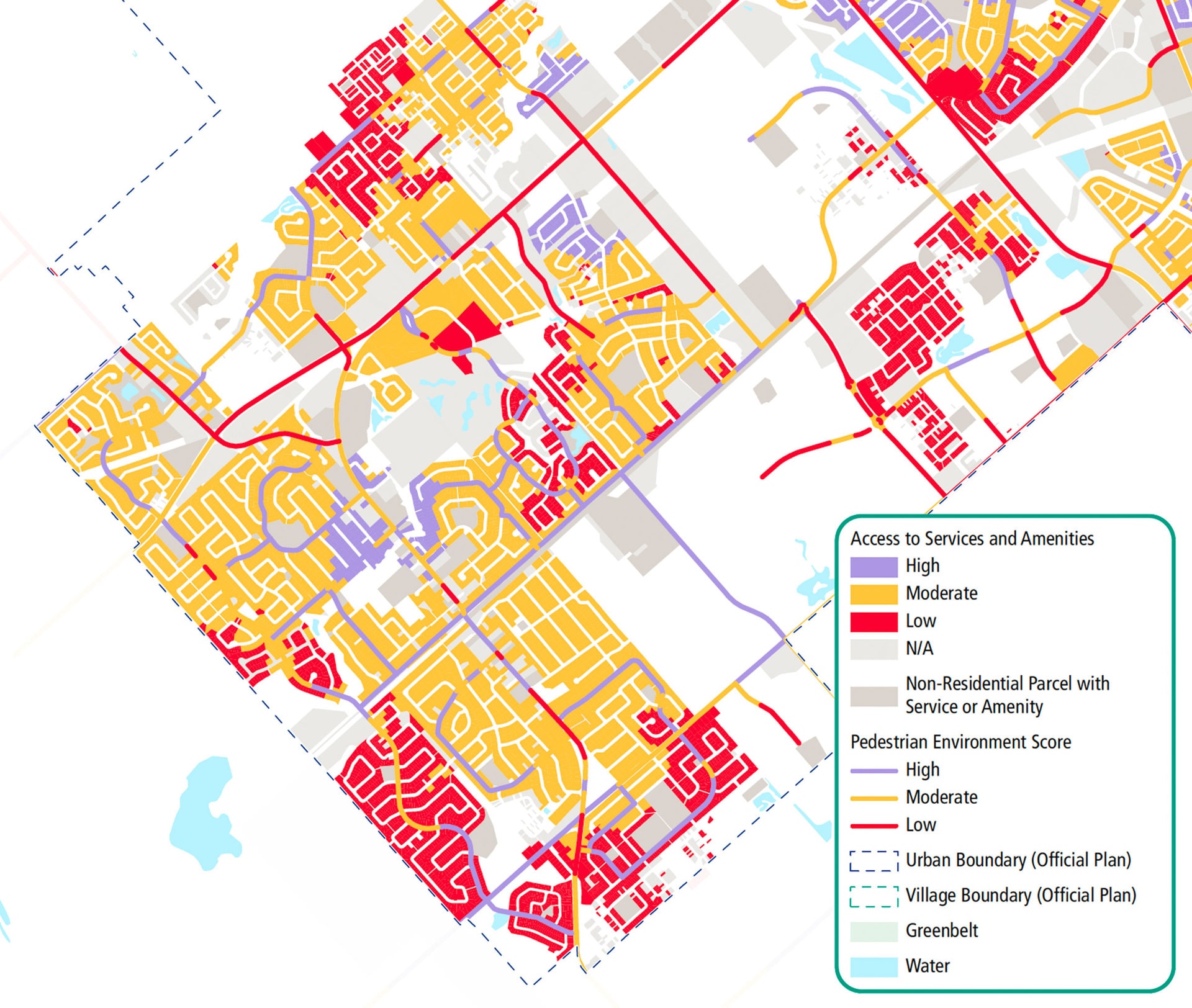 This map is from the 15-Minute Neighbourhoods Baseline Report published by the City of Ottawa in December 2021. City staff measured access to services and amenities, combined with pedestrian experience, to rank walkability across the city. Purple is highly walkable, orange is moderate, red is low. 