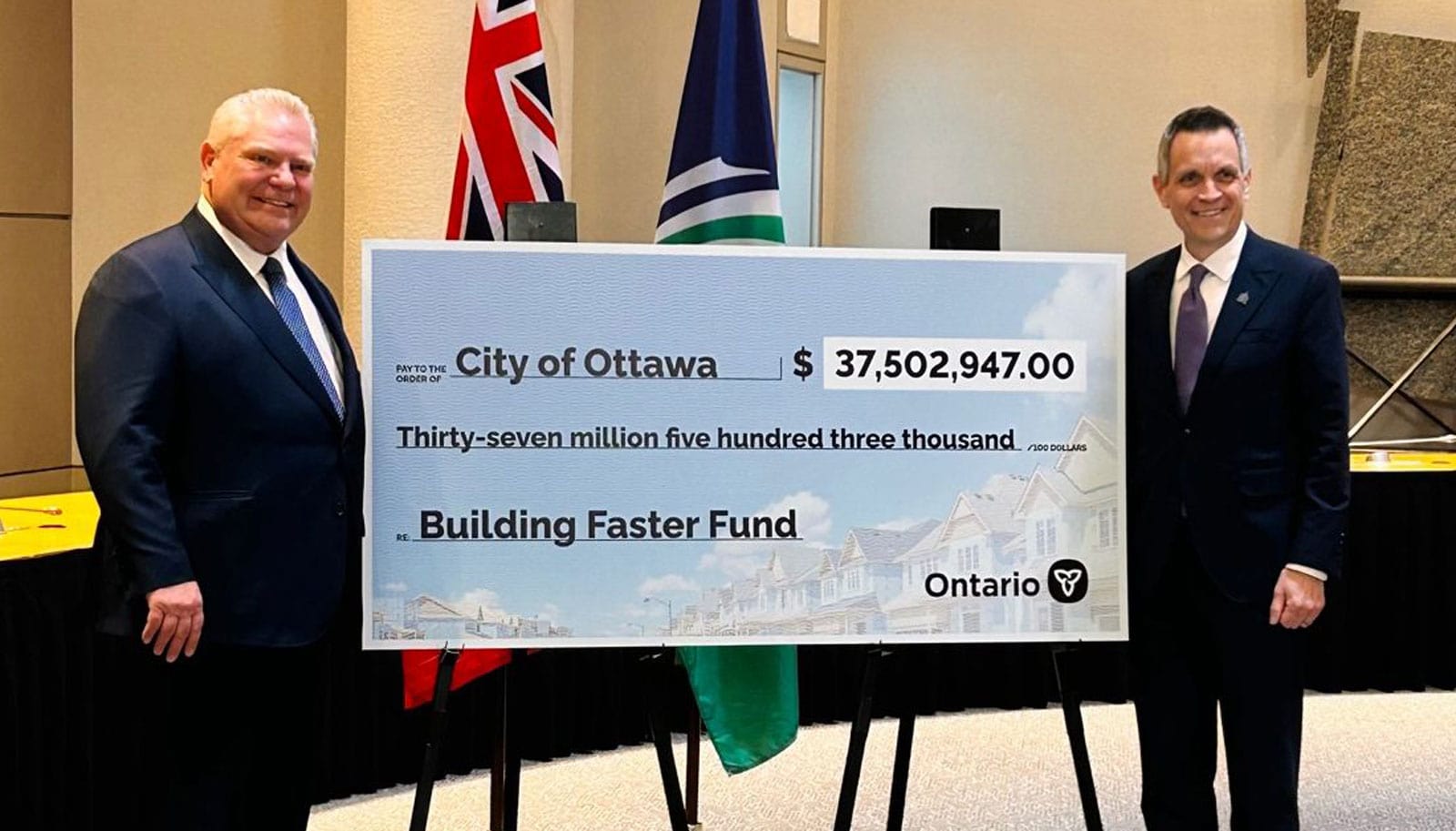 Premier Doug Ford and Mayor Mark Sutcliffe at City Hall for a infrastructure funding announcement on April 5, 2024.