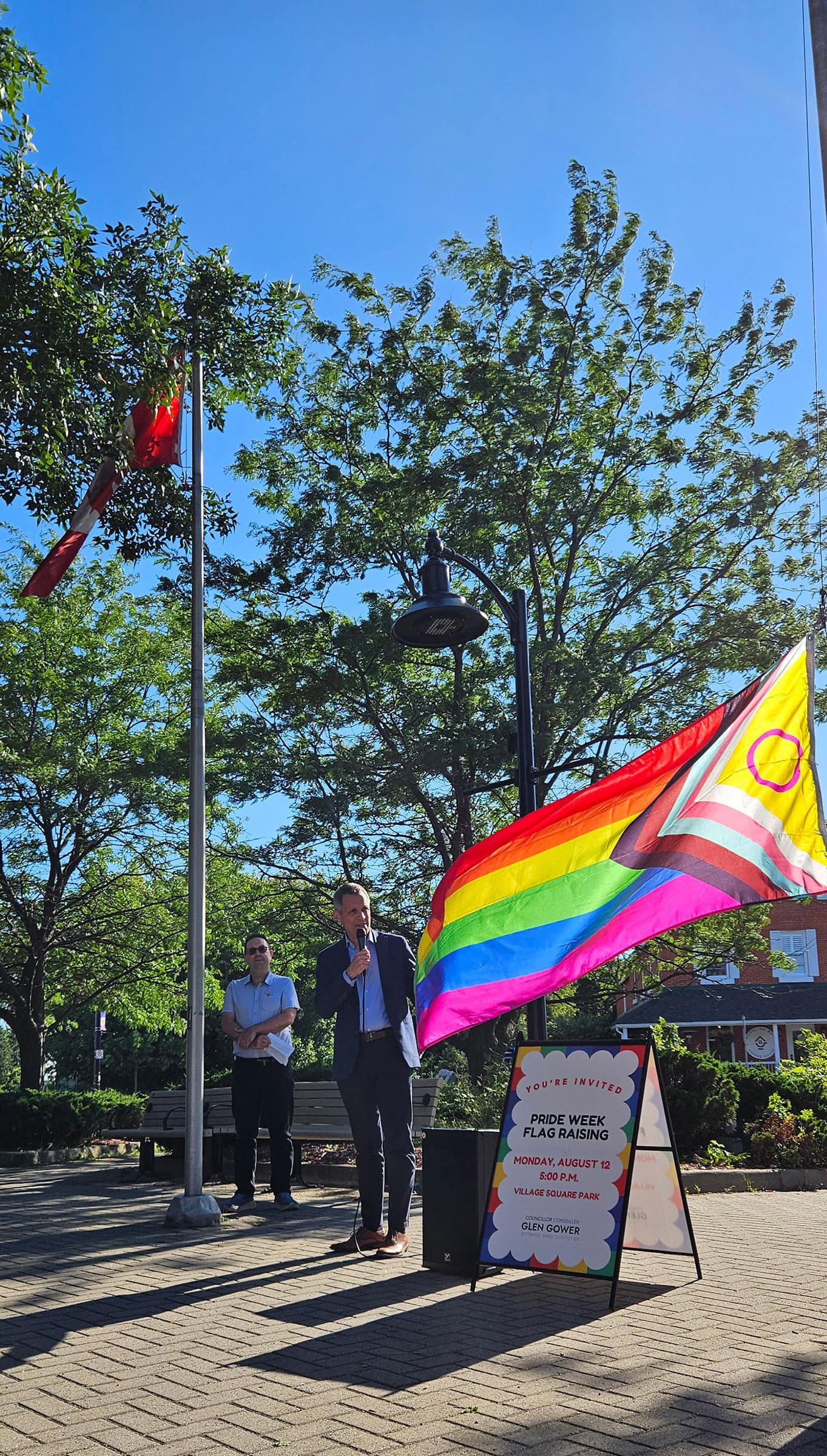 Mayor Sutcliffe speaks at the 2024 Pride Week flag raising ceremony in Stittsville 