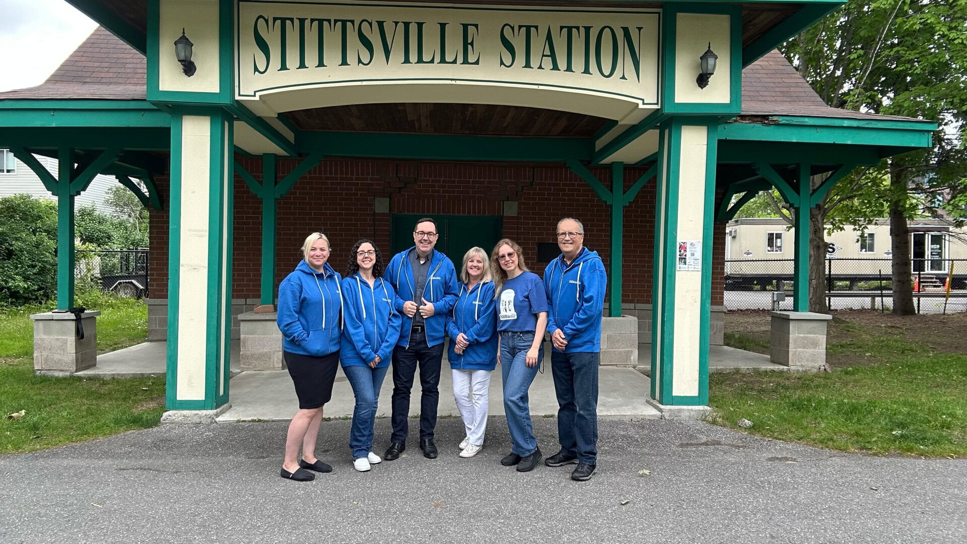 Team Stittsville is: Mandy, Kera, Councillor Glen, Catherine, Marlova, and Bob. At Village Square Park, June 2025.