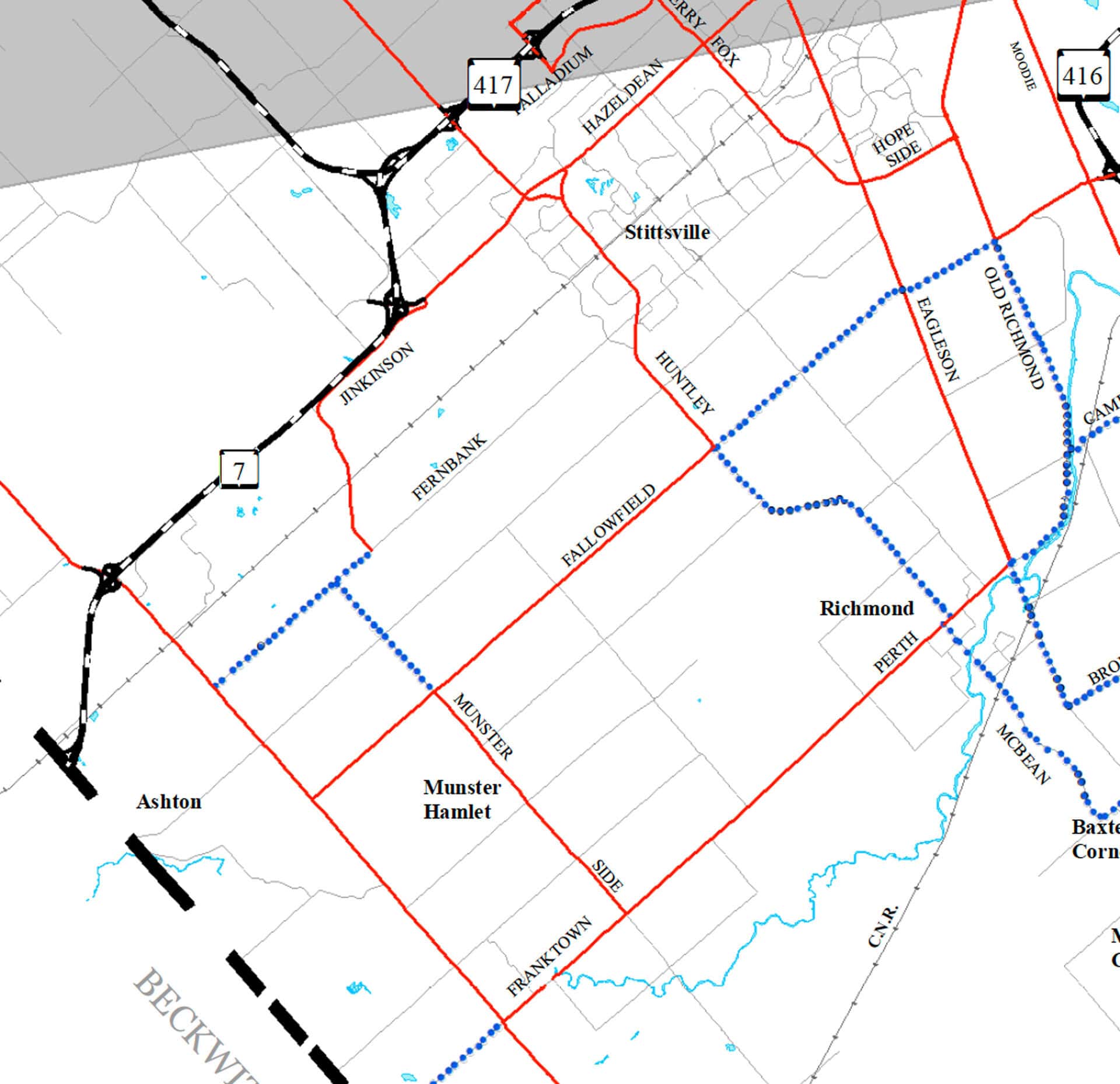 Map showing rural truck routes in the west end